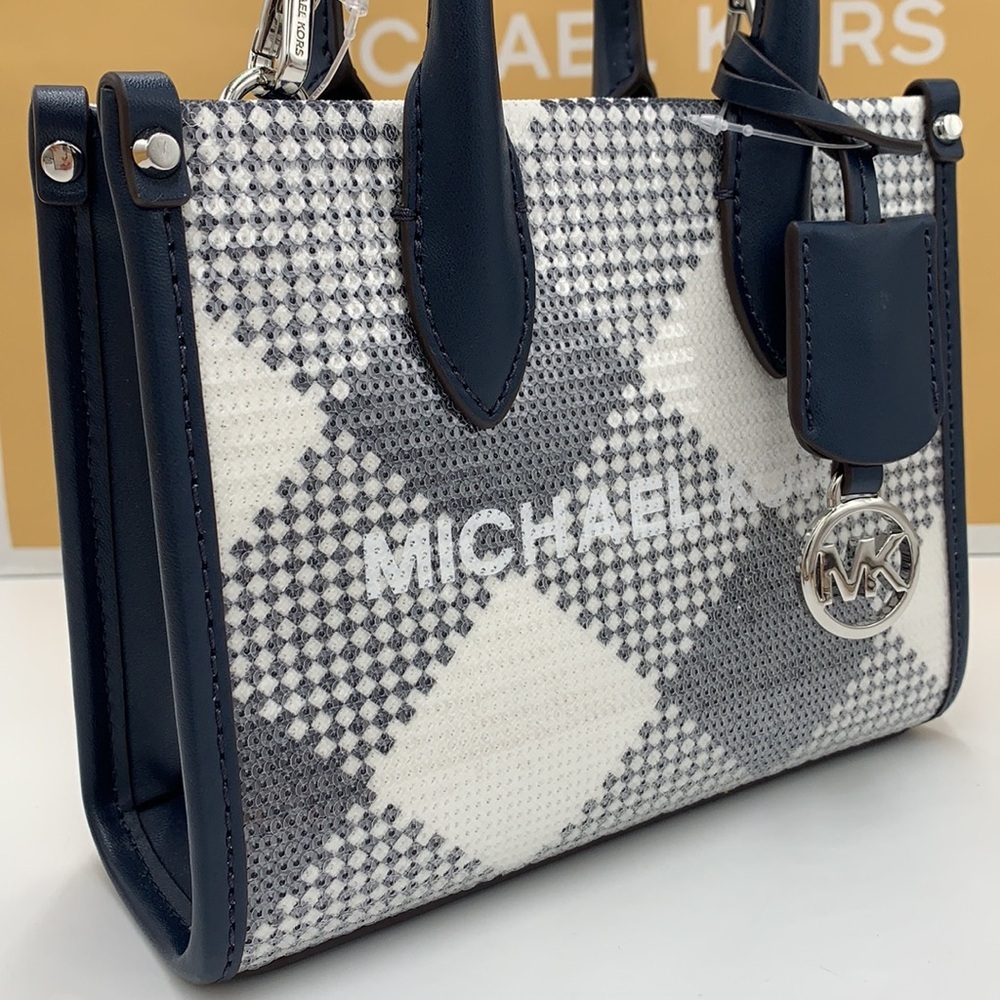 Michael Kors Mirella Extra-Small Logo Crossbody XBODY Shopper Bag Navy NWT - Picture 6 of 15